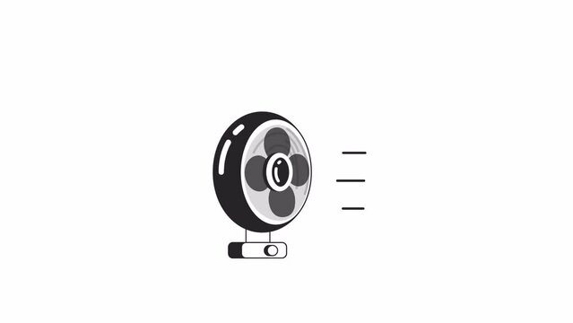 Ventilator fan blowing bw 2D object animation. Appliance for hot weather relief outline cartoon 4K video, alpha channel. Summertime device cooling off animated icon isolated on white background