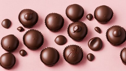 Delicious chocolate candies on pink background, flat lay