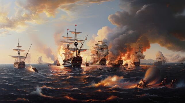 Illustration of a naval battle between ships from the 18th century. Generative AI