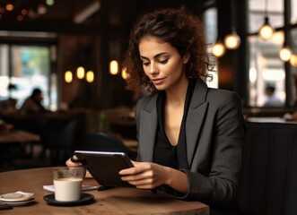 Portrait of a woman at a restaurant with tablet in hand
