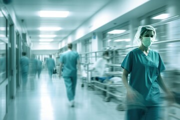 Fototapeta na wymiar Medical personnel moving through hospital corridor