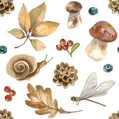 Watercolor forest autumn seamless pattern with mushrooms, leaves, fir cone, snail, dragonfly, cranberry. Hand painted on white background.