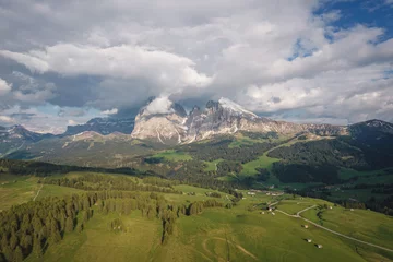 Foto op Canvas Aerial view of Alpe di Siusi landscapes, Italy Dolomites in spring time © Sen