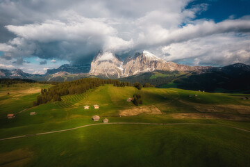 Aerial view of Alpe di Siusi landscapes, Italy Dolomites in spring time