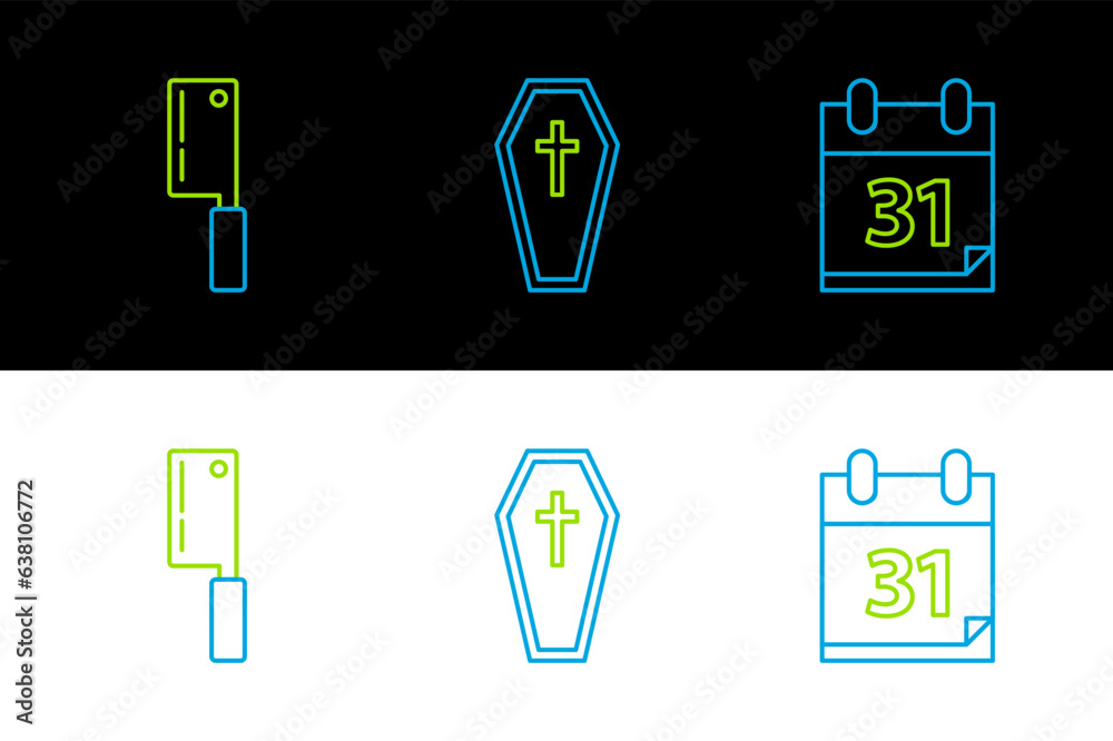 Sticker Set line Calendar with Halloween date 31 october, Meat chopper and Coffin christian cross icon. Vector