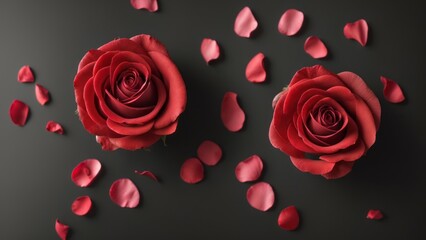 beautiful red rose petals on dark background, top view
