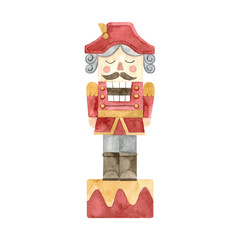 Nutcracker watercolor illustration Christmas object. Retro toy Isolated on white background. For banner, headers, website, stickers.