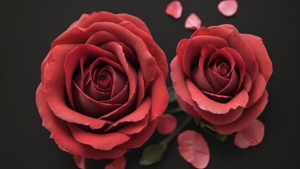 beautiful red rose petals on dark background, top view