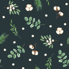 Watercolor seamless pattern with green leaves, eucalyptus, coton. Christmas hand made illustration. New year background. for textile, greeting cards,wallpaper, wrapping papers, holiday.