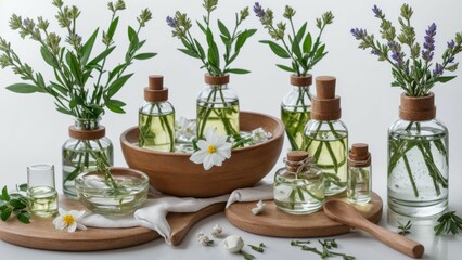 Aromatic water in bowl, flowers and bottles of essential oil on white background, flat lay
