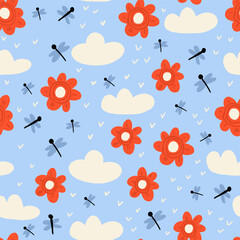 Cute pattern with dragonflies, red flowers, clouds on light blue. Spring insects children pattern in hand drawn style. Children spring pattern in blue. Vector illustration - 638106975