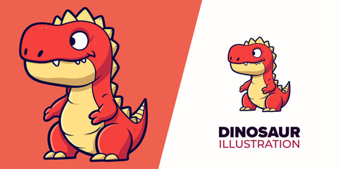 Cute red baby dinosaur cartoon vector icon illustration with an adorable animal nature icon concept, presented in an isolated flat cartoon style © Giu Studios