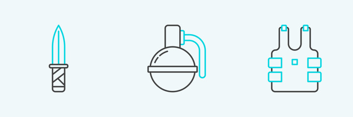 Set line Bulletproof vest for protection from bullets, Military knife and Hand grenade icon. Vector