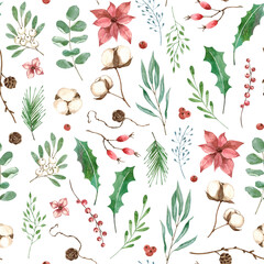 Christmas and New Year watercolor seamless pattern on white. Botanical winter illustration leaves,branches,berries,holly,poinsettia flowers. Floral background