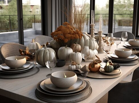 Thanksgiving table setting, generative ai image of holiday dinner table.
