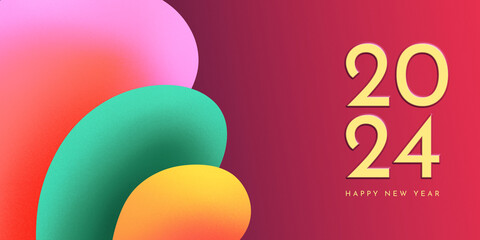 2024 Happy New Year bold banner design with modern grain gradient. Colorful New Year's Eve celebration background with trendy 3D abstract shapes.