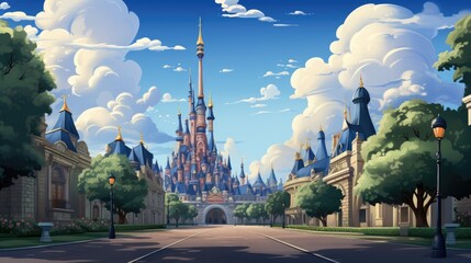 The fairytale castle is shown in this cartoon-like illustration, AI