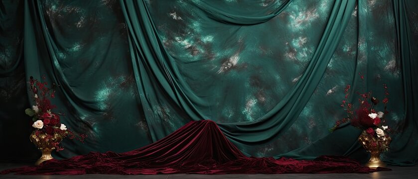 Glossy emerald marble backdrop, with luxurious burgundy silk pooled in the center, dotted with vintage gold brooches. Gorgeous background. Generative AI. 
