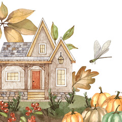 Autumn frame with cozy house, golden autumn leaves, pumpkins, mushrooms, watercolor background. Botanical illustration. isolated on white. For Thanksgiving, harvest day, autumn farm fair, halloween.
