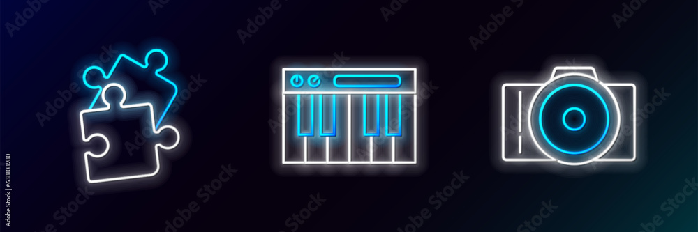 Wall mural set line photo camera, piece of puzzle and music synthesizer icon. glowing neon. vector