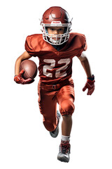 Kid In motion. Athletic Rugby kid playing on ground in full rugby uniform on transparent background.