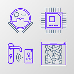 Set line Global technology or social network, Digital door lock with wireless for unlock, Processor microcircuits CPU and Robot vacuum cleaner icon. Vector
