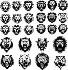 lion mascot set head face illustration wild animal design vector symbol emblem icon silhouette king power sign
