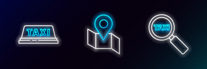 Set line Magnifying glass and taxi car, Taxi roof and Folded map with location marker icon. Glowing neon. Vector