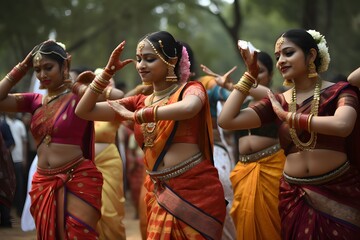 Dancing, Indian women dressed in saris, festive, cultural show, India.