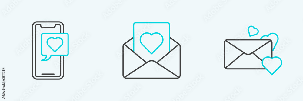 Sticker set line envelope with heart, smartphone speech bubble and icon. vector