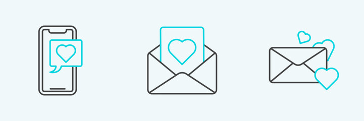Set line Envelope with heart, Smartphone speech bubble and icon. Vector