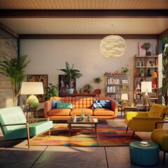 A vibrant living room featuring a cozy couch, loveseat, and various furniture pieces creates a homey den perfect for gathering with friends and family beneath a colorful ceiling