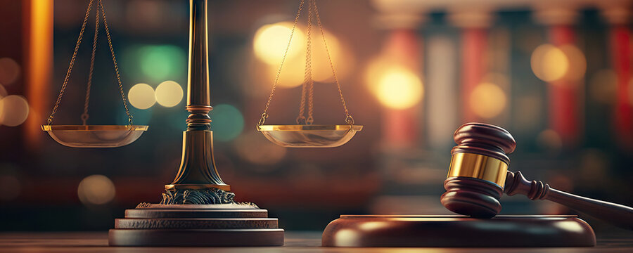 Judicial Gavel and Scales of Justice on background of Court Hall