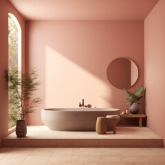 This vibrant bathroom design features a combination of soft pink walls, a round mirror, a large bathtub, lush houseplants, and colorful flowerpots and vases, creating a warm and inviting atmosphere p
