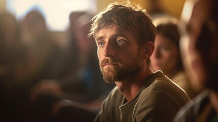 Emotional state of a man sitting in the middle of a support group meeting.