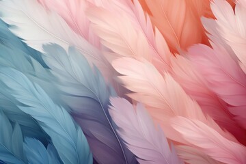 Beautiful multicolour feathers background in pastel colors. Closeup image of colorful fluffy feather. Minimal abstract composition with place for text. Copy space	