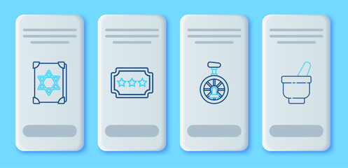 Set line Ticket, Unicycle or one wheel bicycle, Ancient magic book and Magic mortar and pestle icon. Vector © Oksana