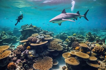 Scuba Diver and Shark Encounter in Ocean