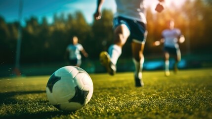 Close-up of soccer player running to hit the ball.