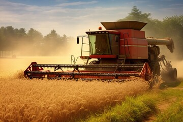 Agricultural Harvester at Work: Ripe Wheat Ears Harvest