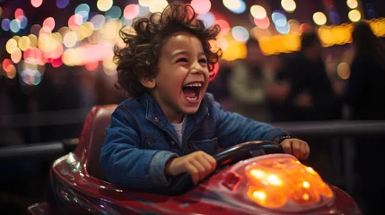 Cercles muraux Parc dattractions The joy of a young boy getting into a bumper car.