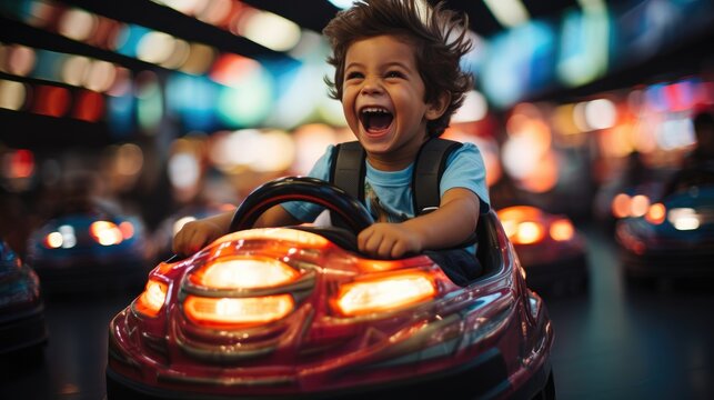 The joy of a young boy getting into a bumper car.