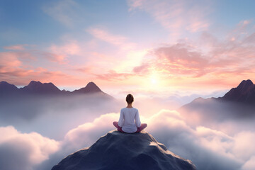 Woman meditating while doing yoga. She overlooks the beautiful sea of clouds and mountains.