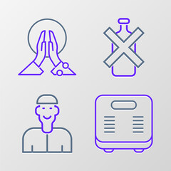 Set line Bathroom scales, Positive thinking, No alcohol and Meditation icon. Vector