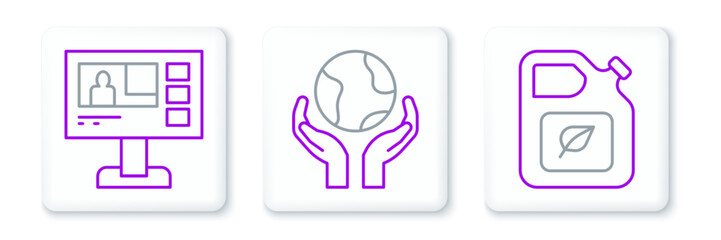 Set line Bio fuel canister, Television report and Hands holding Earth globe icon. Vector