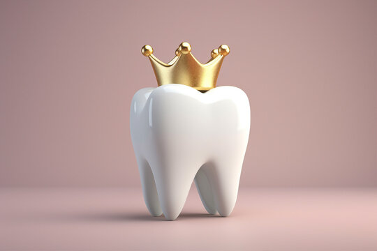 Generative AI image of white funny tooth character with golden crown concept of healthy smile isolated on pink color background