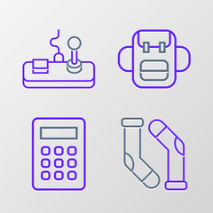 Set line Socks, Calculator, School backpack and Gamepad icon. Vector
