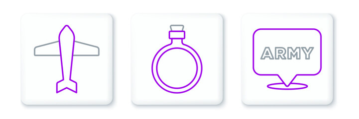 Set line Military army, Jet fighter and Canteen water bottle icon. Vector