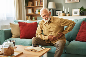 Senior man suffering from stomach ache sitting on a couch in the living room at home