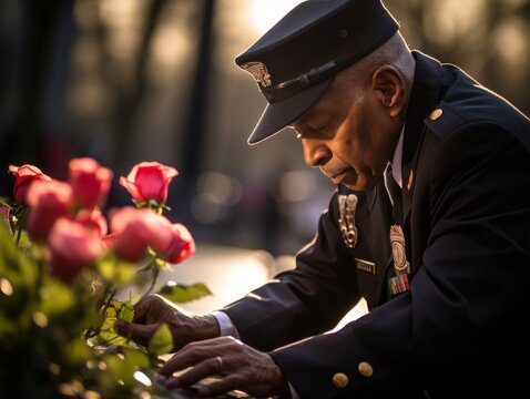 A serene moment as a veteran places a flower at a memorial